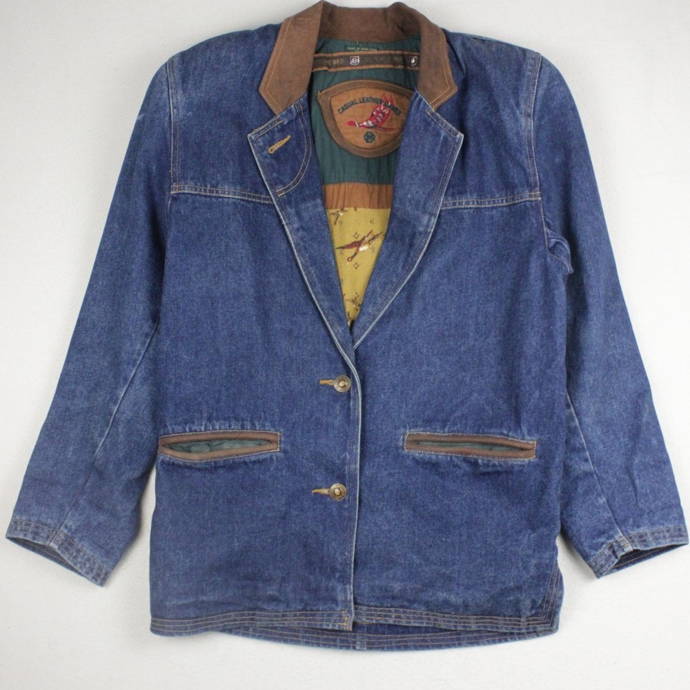 Vintage Outback Red Denim Blazer Jacket Womens XS Leather Trim Chore Barn 90s